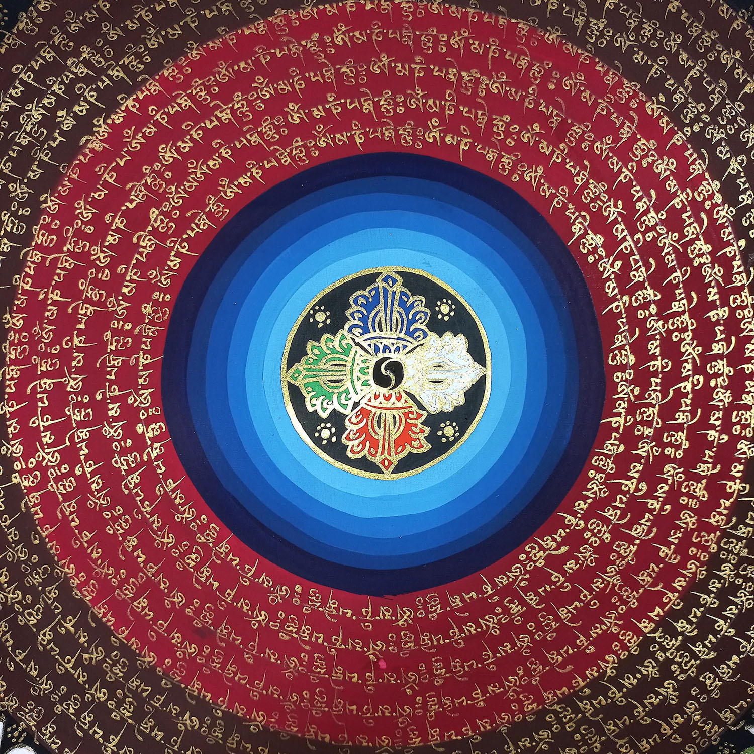 Om Double Vajra Mantra Mandala, Om Mane Padme Hum, meditation, yoga , Peace Hand-Painted Wall hanging Tibetan Thangka Painting