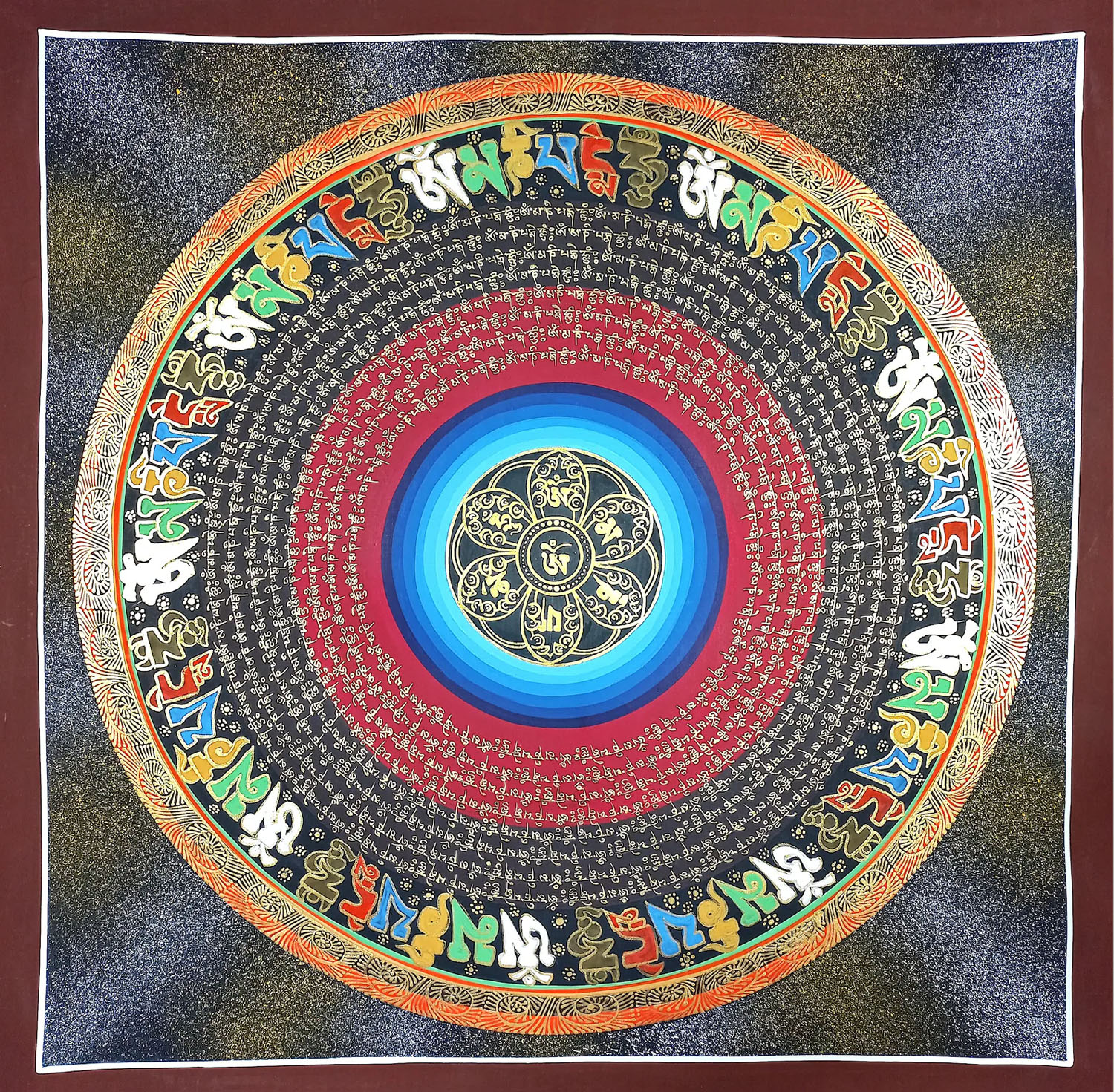 Om Mantra Mandala, Om Mane Padme Hum, meditation, yoga , Peace Hand-Painted Wall hanging Tibetan Thangka Painting