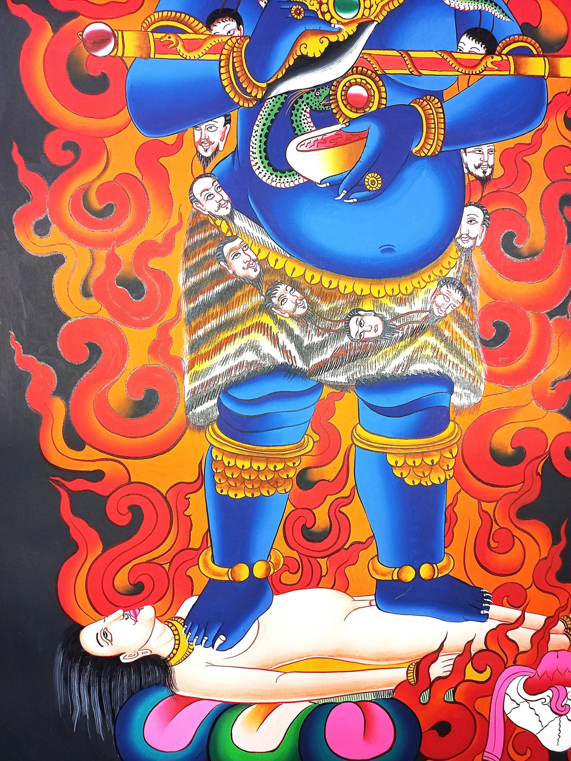 Original Two Arms, Mahankala Hand Painted Newari Style Canvas Cotton Thangka Painting From Nepal
