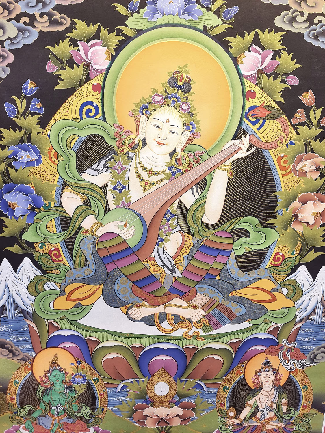 Maa Sarasawati, God Of Education Hand Painted Tibetan Wall Hanging Meditation Original Hindu Thangka Painting From Nepal