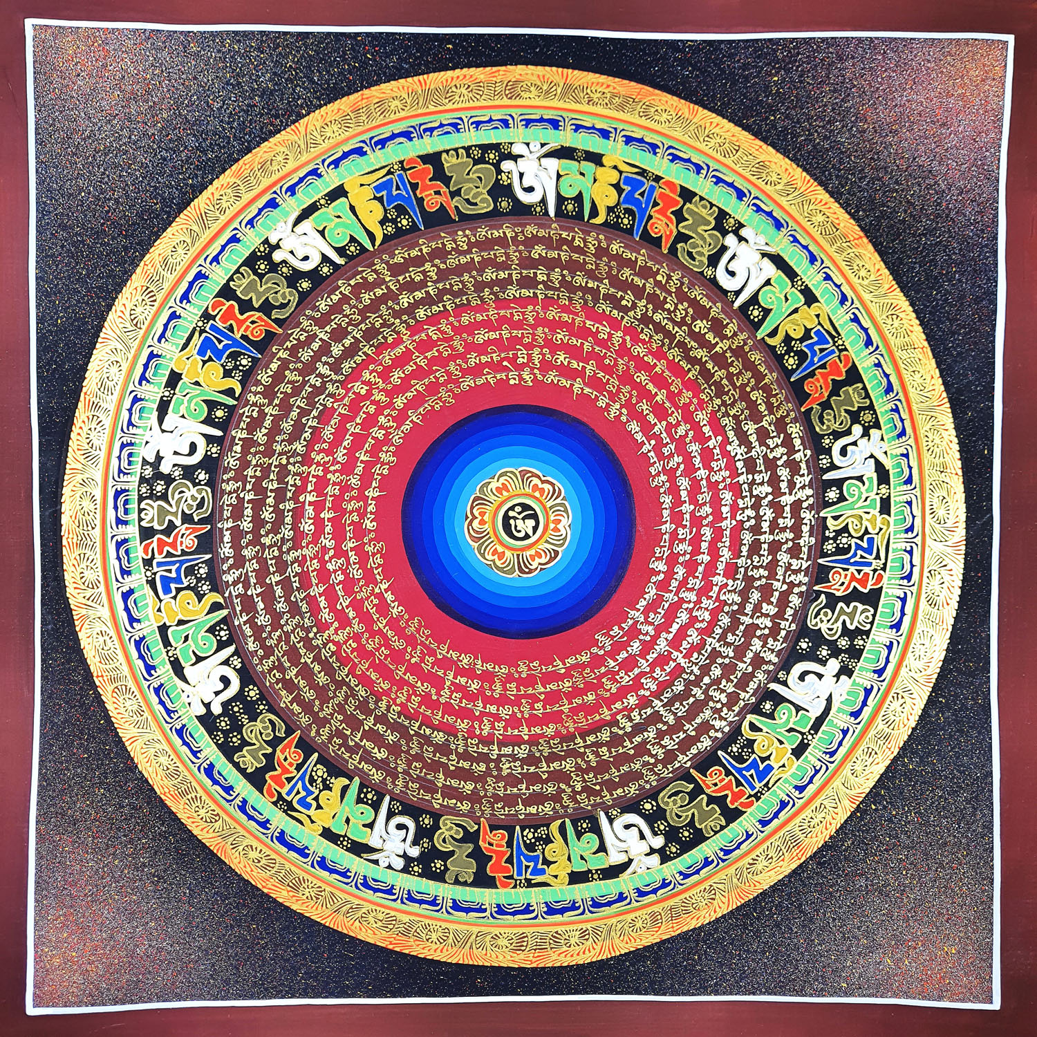 Hand- Painted Om Mantra Mandala, Om Mane Padme Hum, meditation, yoga , Peace Hand-Painted Wall hanging Tibetan Thangka Painting