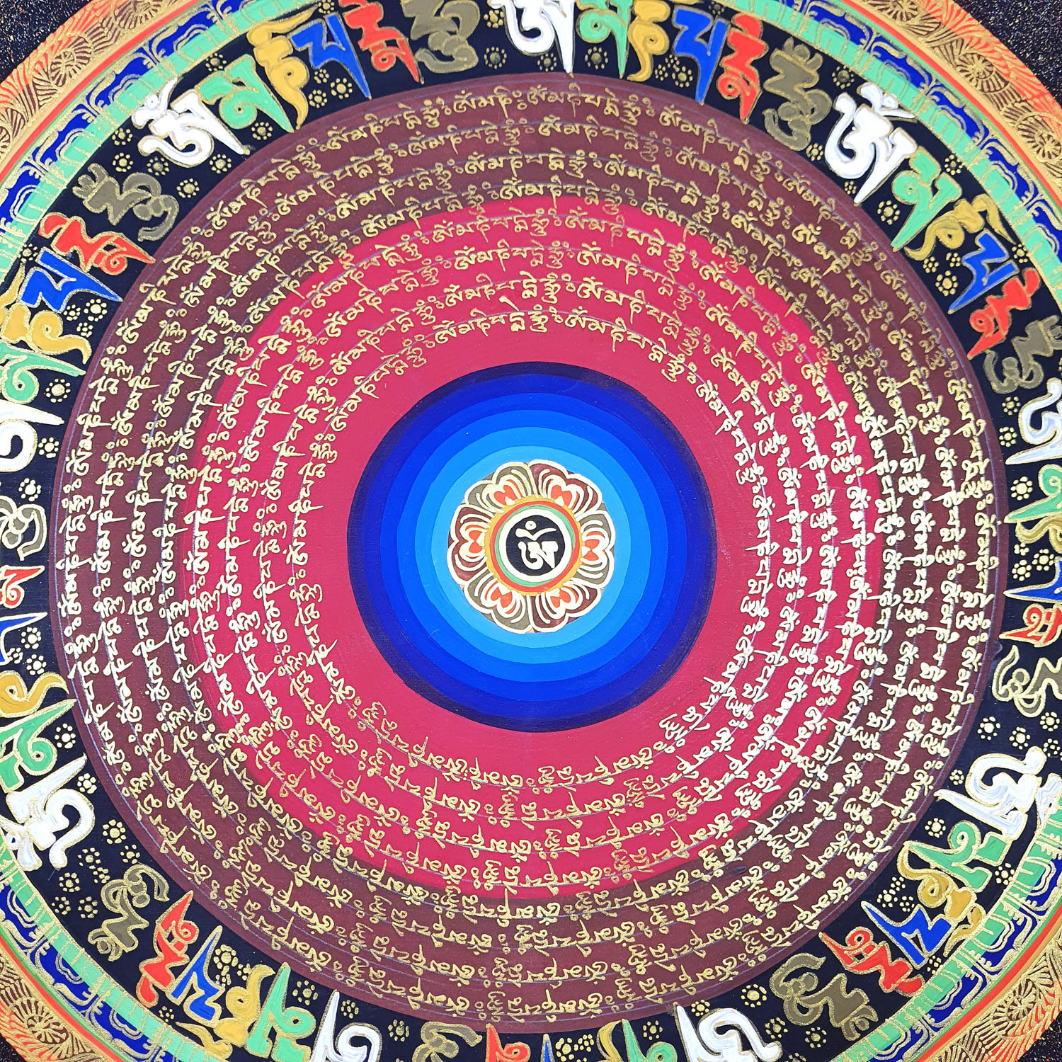 Hand- Painted Om Mantra Mandala, Om Mane Padme Hum, meditation, yoga , Peace Hand-Painted Wall hanging Tibetan Thangka Painting